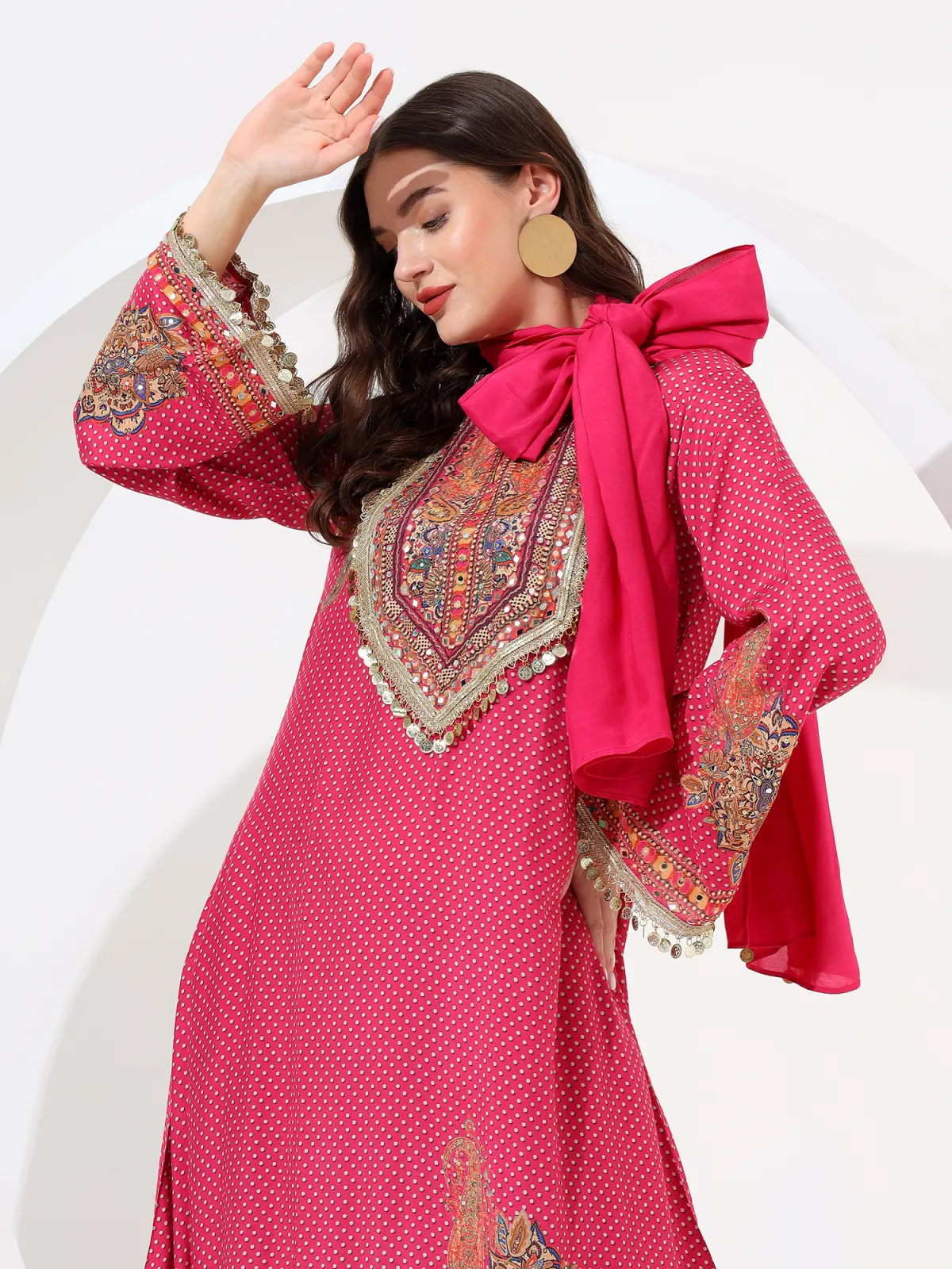 Rani pink polka kurta with mirror-work yoke