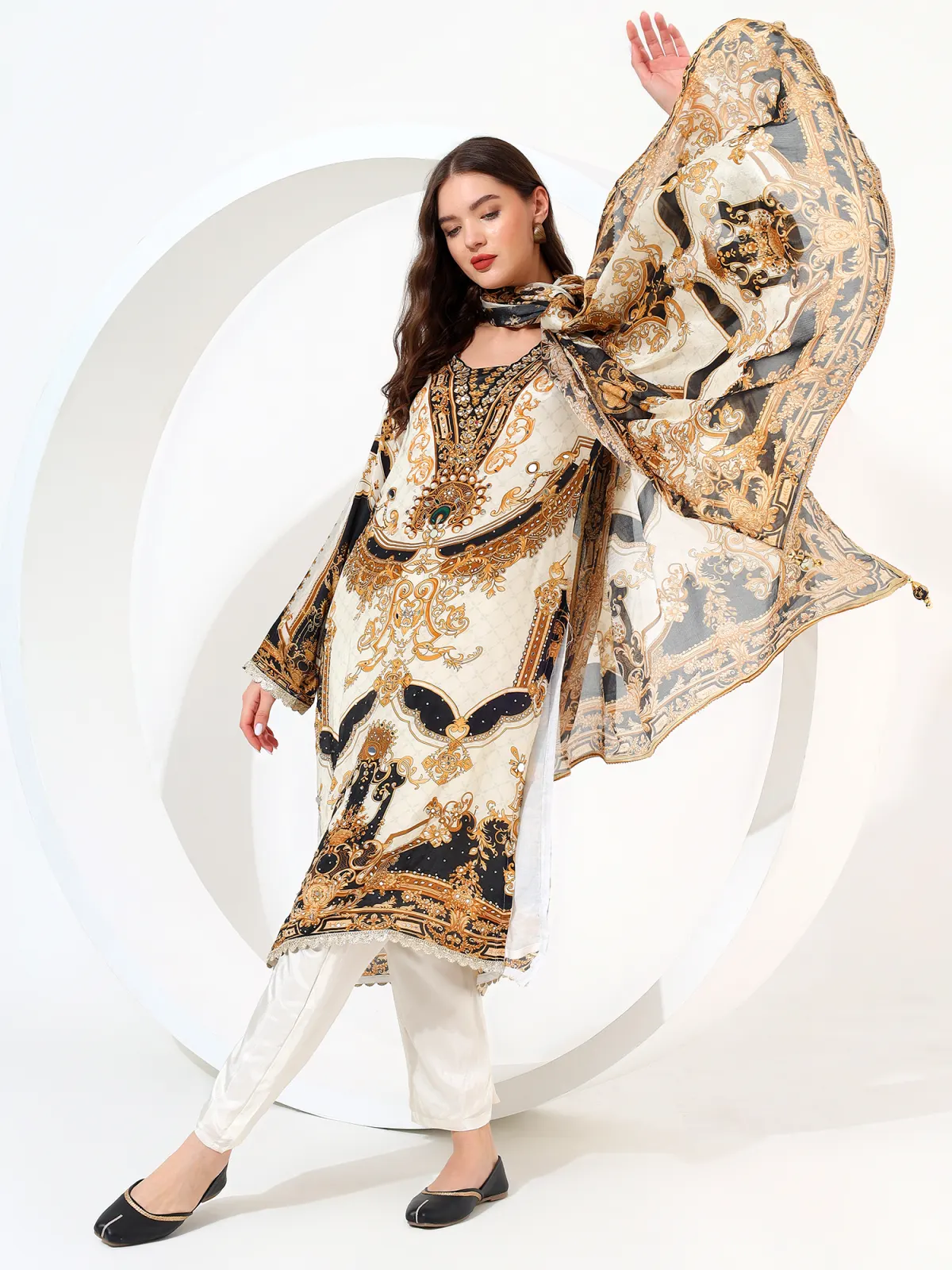 Ivory and gold baroque-print kurta set from Body of Fashion