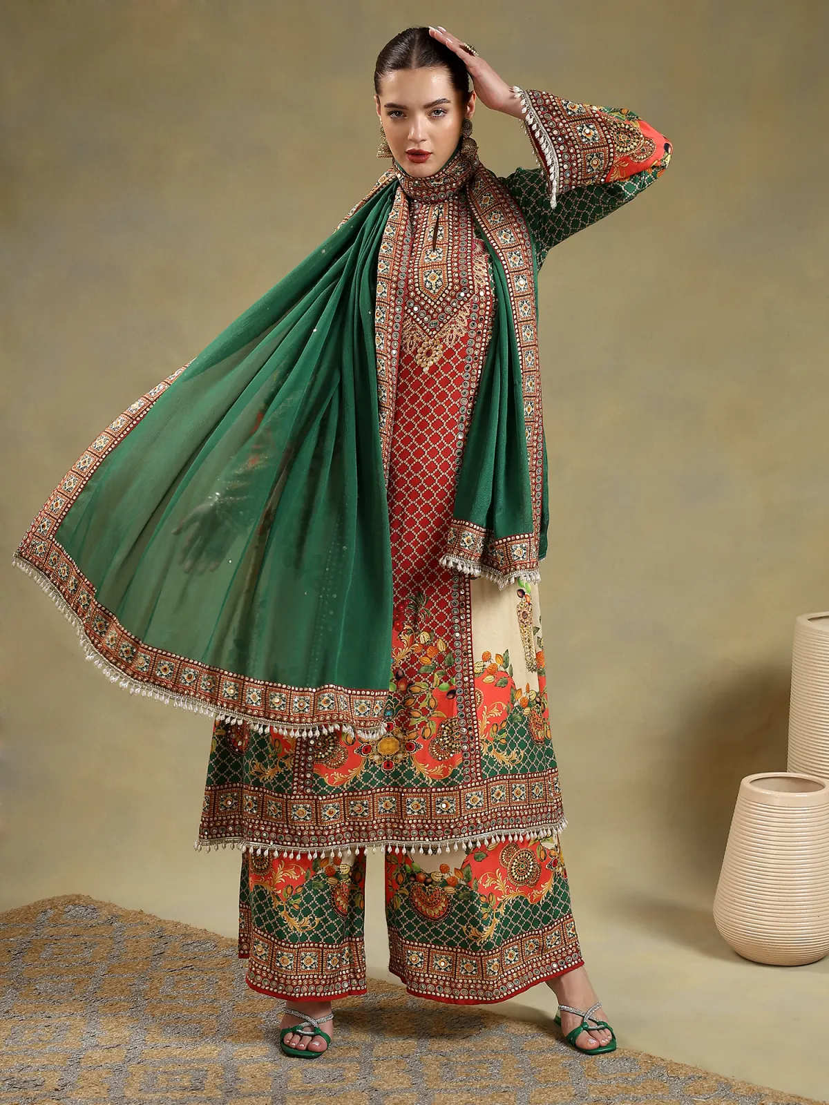 Emerald dupatta over coral printed suit