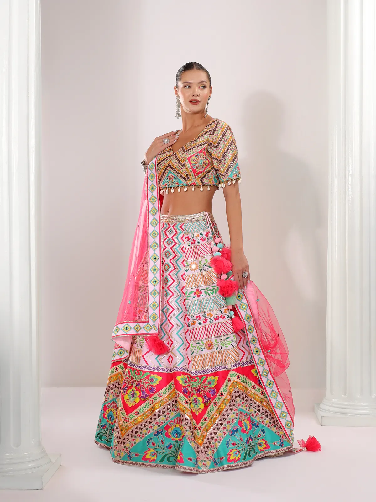 Pastel embroidered lehenga with pink dupatta