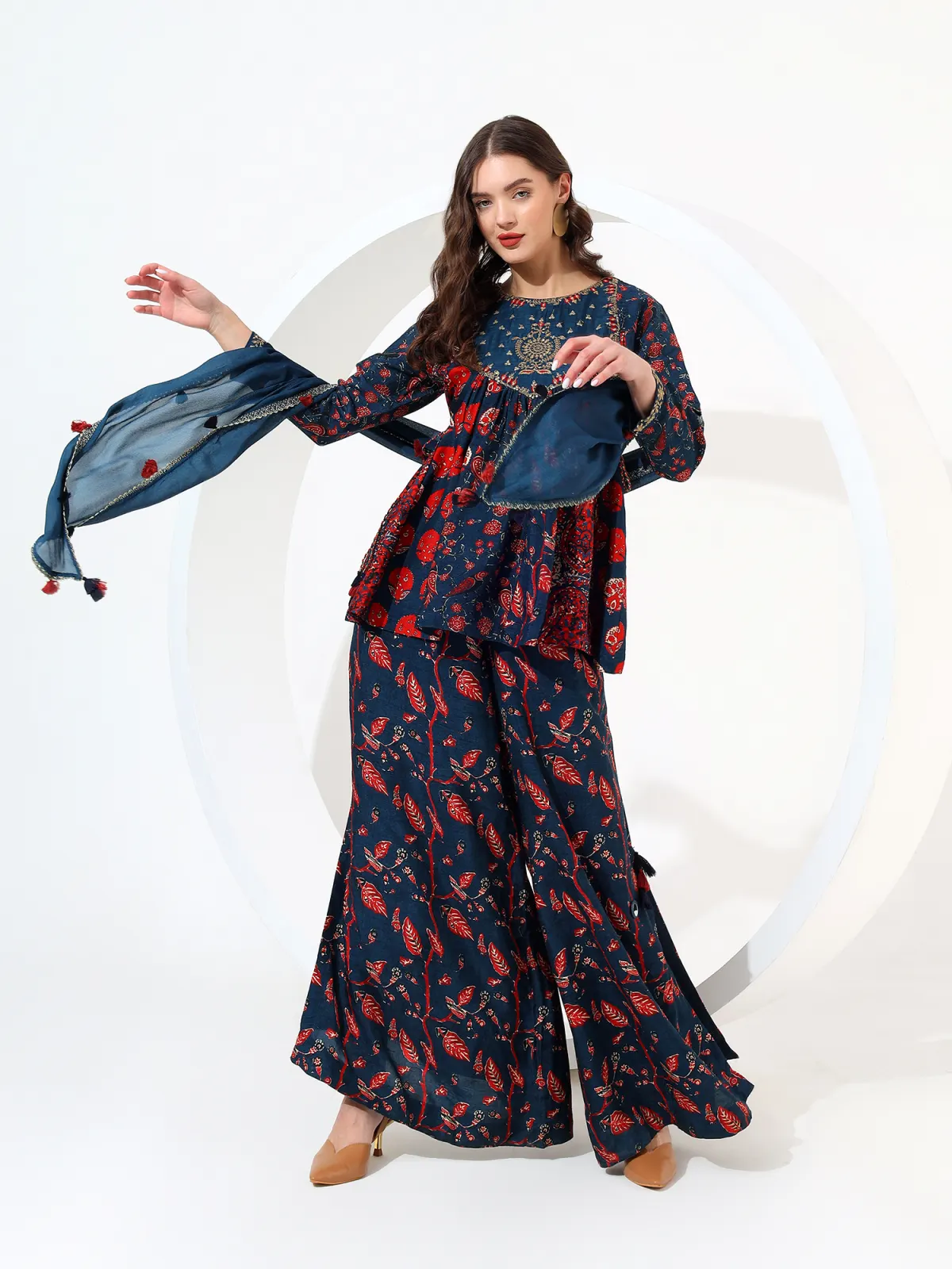 Indigo and red floral co-ord set with sheer dupatta